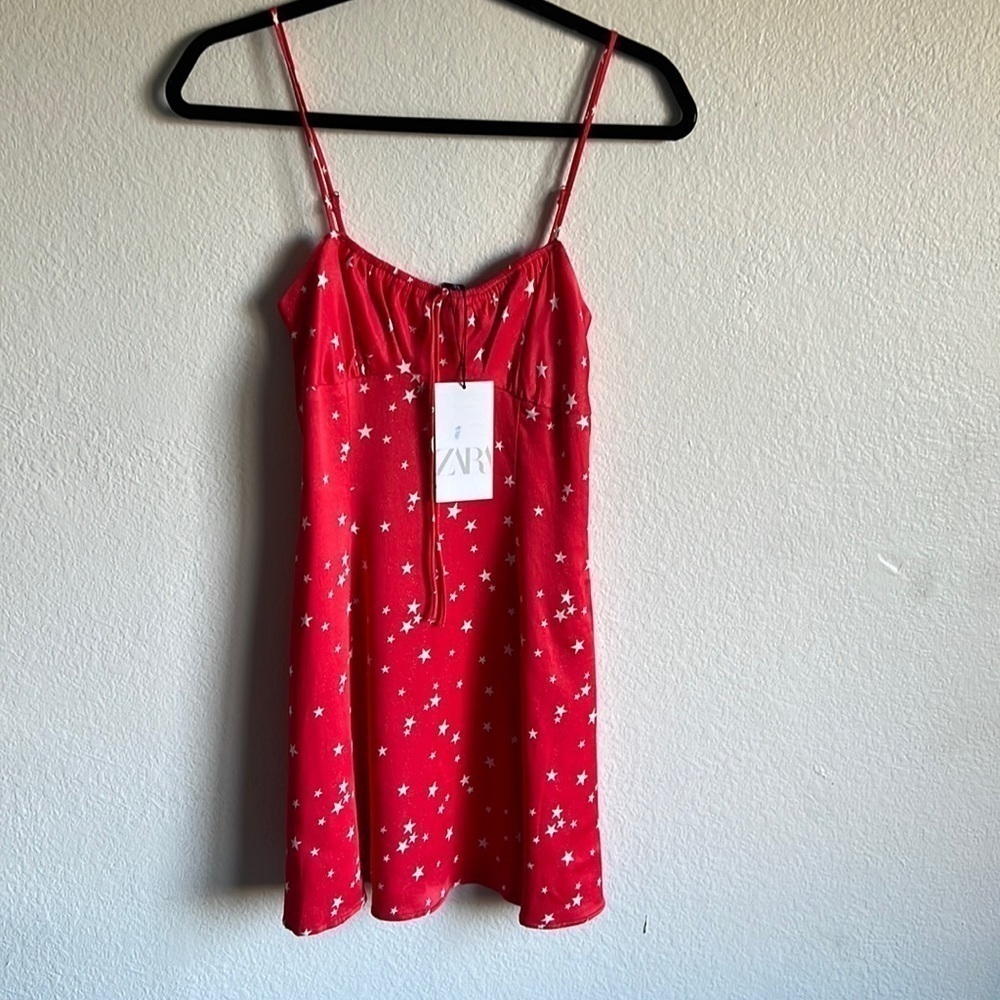 Zara Stars Spaghetti Strap Satin Red Mini Dress XS NWT